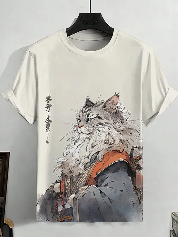 Summer Japanese Samurai Cat Short Sleeve 3D Printed Animal Pattern T-shirt New Sports Short Sleeve Fashion Oversized Men\'s Wear