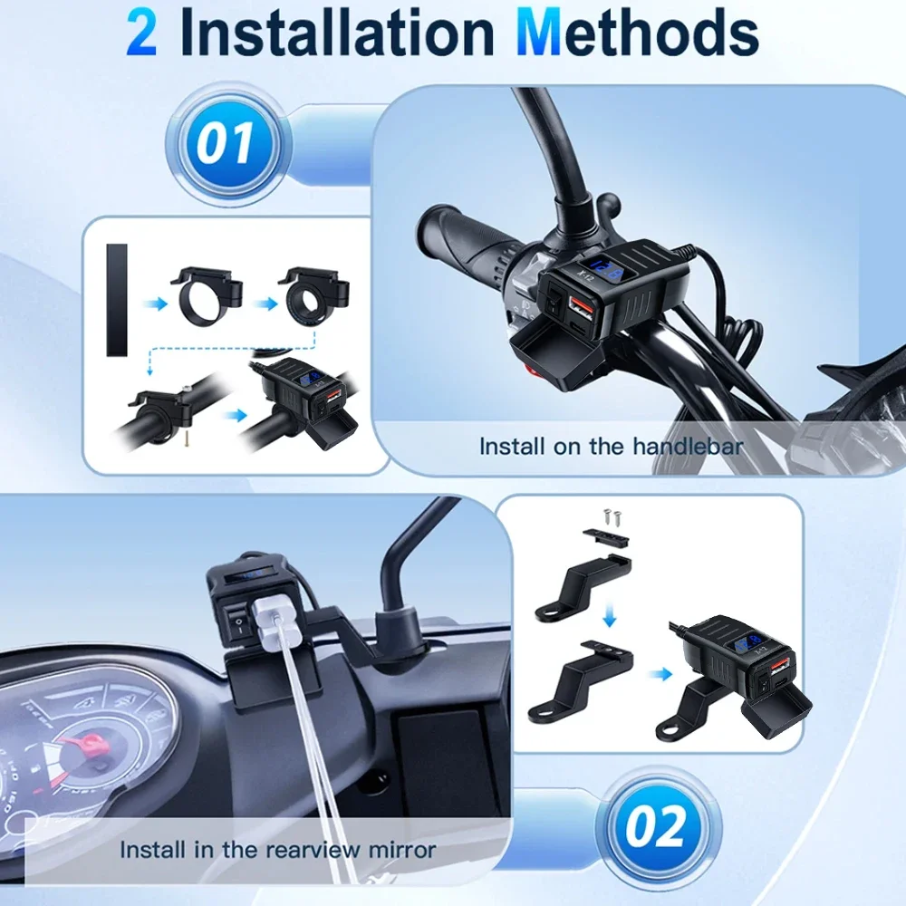 Handlebar Motorcycle Charger Socket PD+QC3.0 Fast Charging Power Adapter USB Type C Dual Port Waterproof With Switch Voltmeter view 4