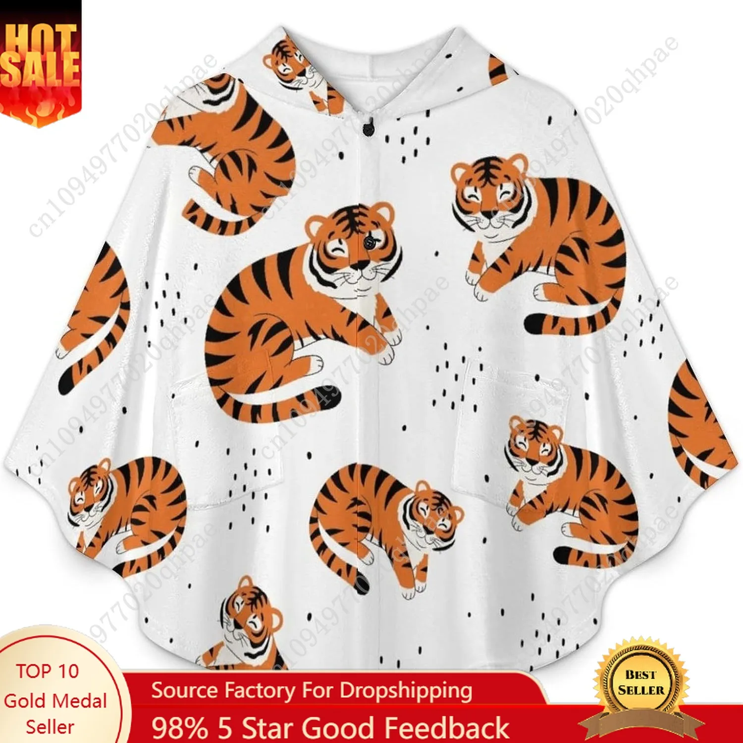 Comodo maglione coperta in flanella, felpa con cappuccio oversize con motivo tigre carino con tasche per bambini e adolescenti