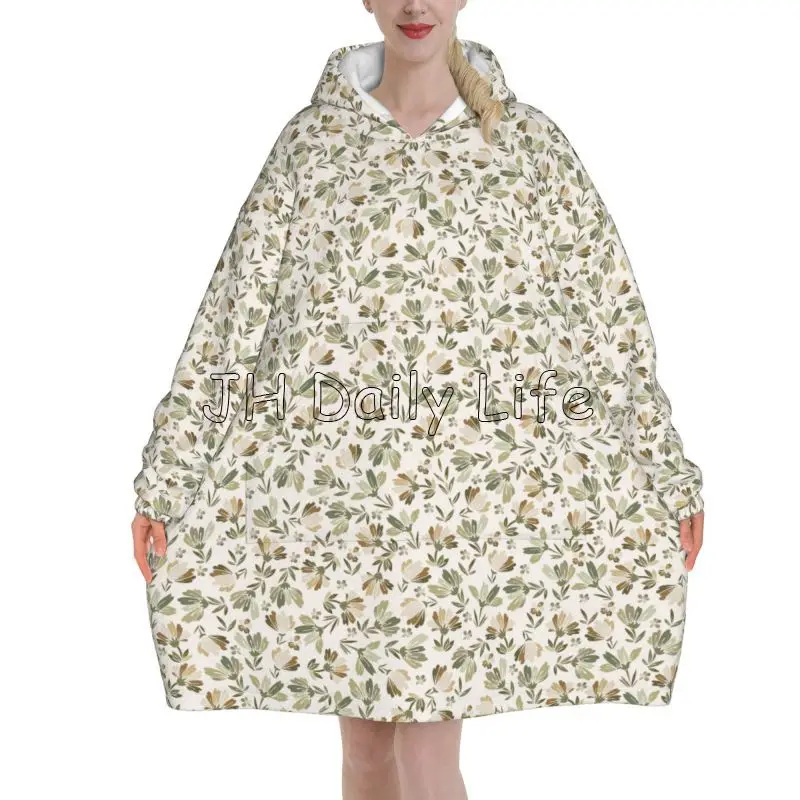 

Sage Green Beige Floral Wearable Blanket Hoodie Vintage Brown Flower Oversized Sweatshirts Blanket Warm Flannel Fleece Blankets