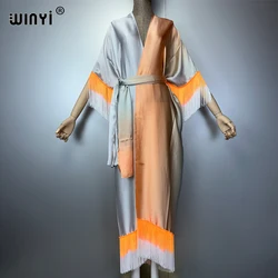 WINYI kimono cover-ups summer boho Gradual fringe print Bikini Cover-up Elegant fashion Cardigan sexy Holiday tassels maxi dress