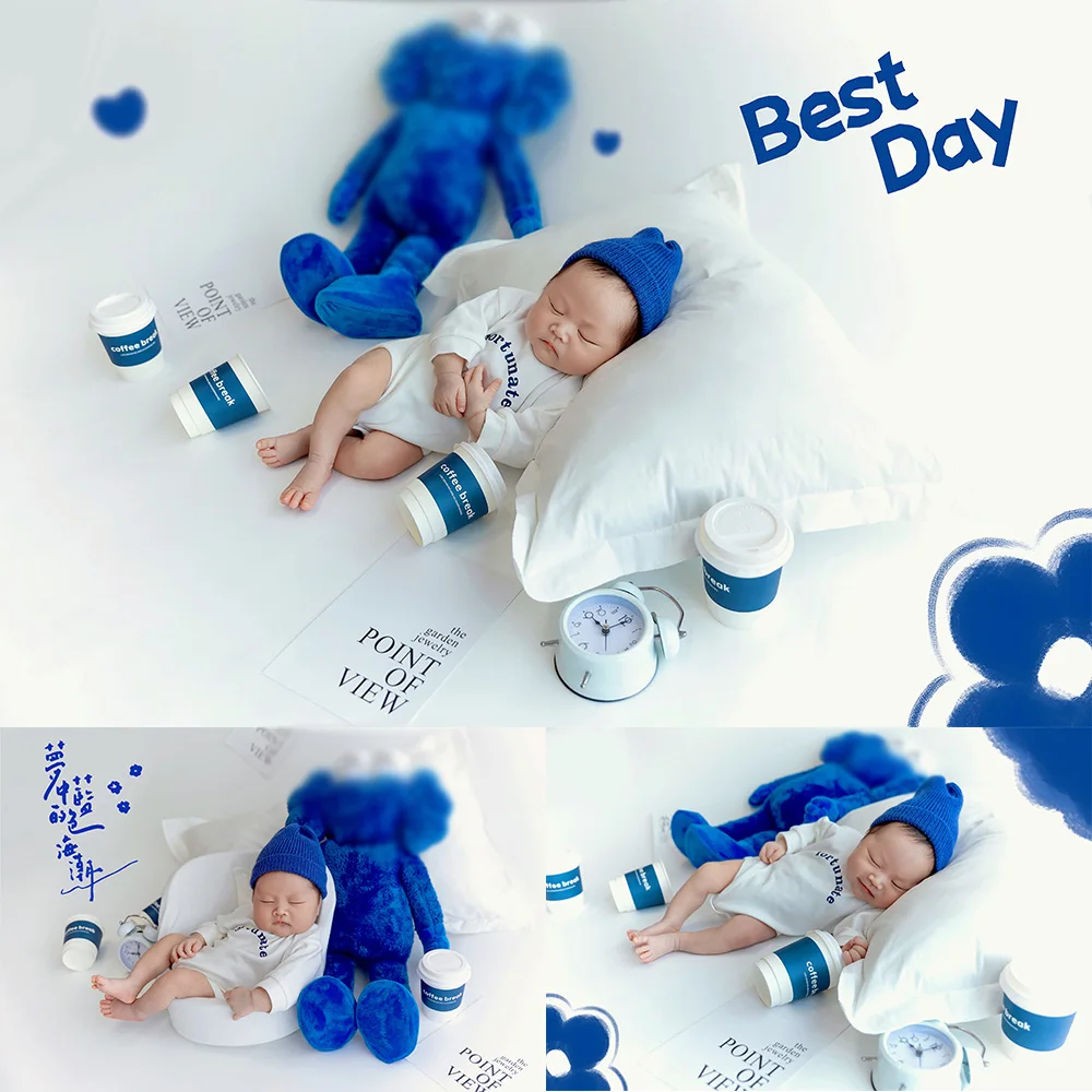 Newborn Photography Outfit Baby Bodysuit+Knitted Hat Baby Costume Pillow Posing Props Blue Doll Studio Photo Props Accessories