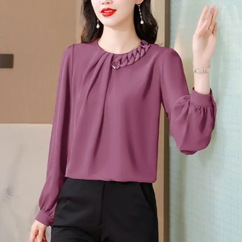 

Temperament Fashion Simplicity Solid Color Atmosphere Versatile Montage Chain Age Reduction Women's Chiffon Shirt Autumn 2024