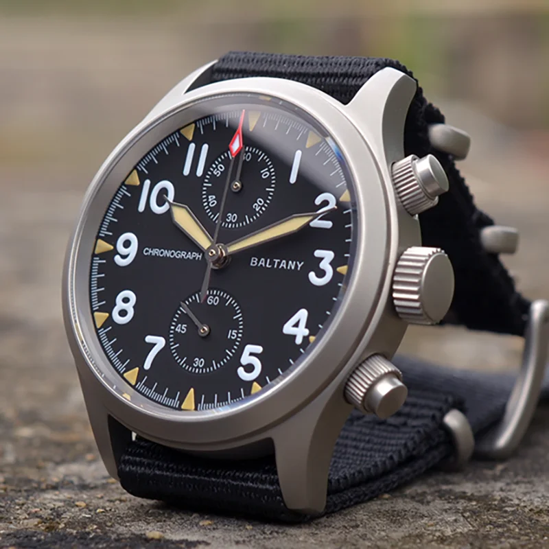 Baltany Pilot Chronograph Watch 39mm Case 100m Waterproof VK61 Fabric Strap Stainless Steel Men Vintage Military Quartz Watches