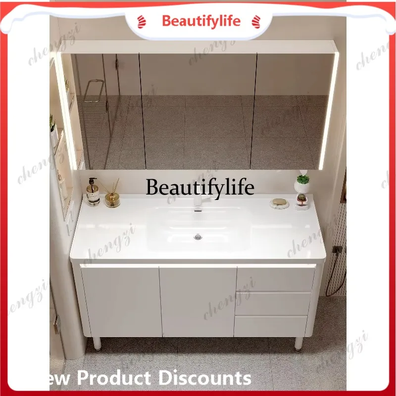 E182 Cream wind, floor-to-ceiling bathroom cabinet, easy-to-clean ceramic basin, bathroom waterproof washstand, combination.