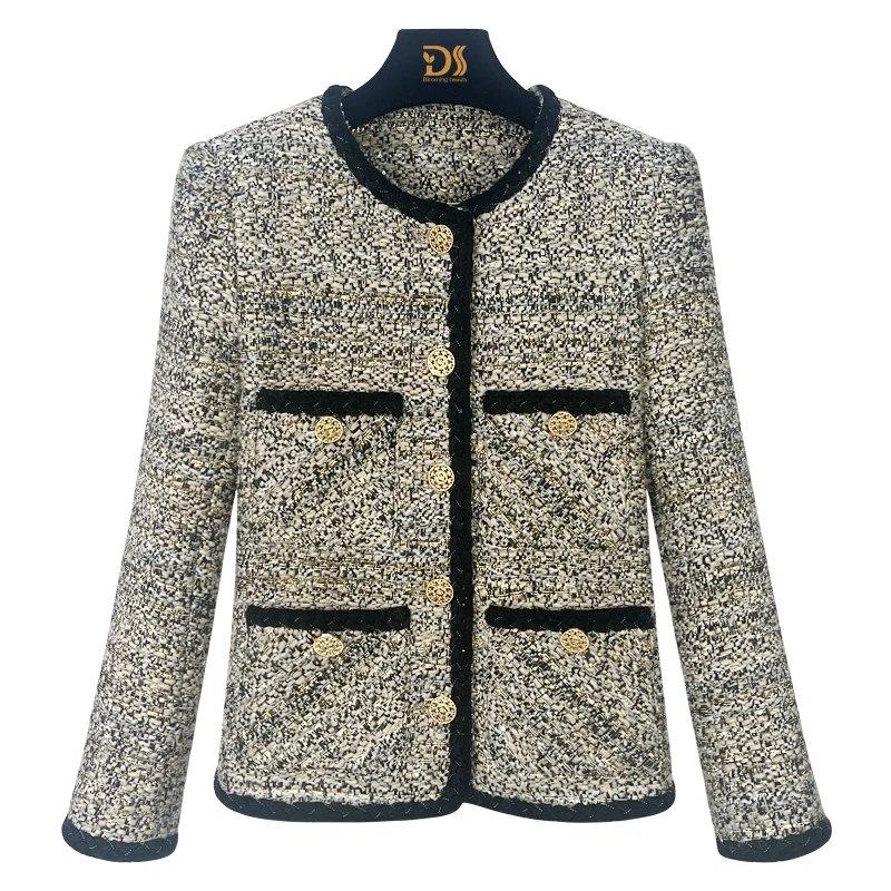 

New fashionable and elegant retro light luxury socialite high-end temperament round neck single-breasted small fragrance jacket