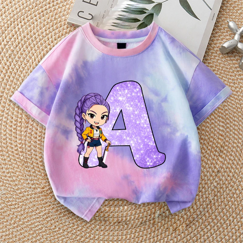 

Move K-Pop Demon Hunters Tie Dye Patterned T-shirt Fashion Letter A-Z Short Sleeve Girls Birthday Clothes Toddler Cartoon Tops