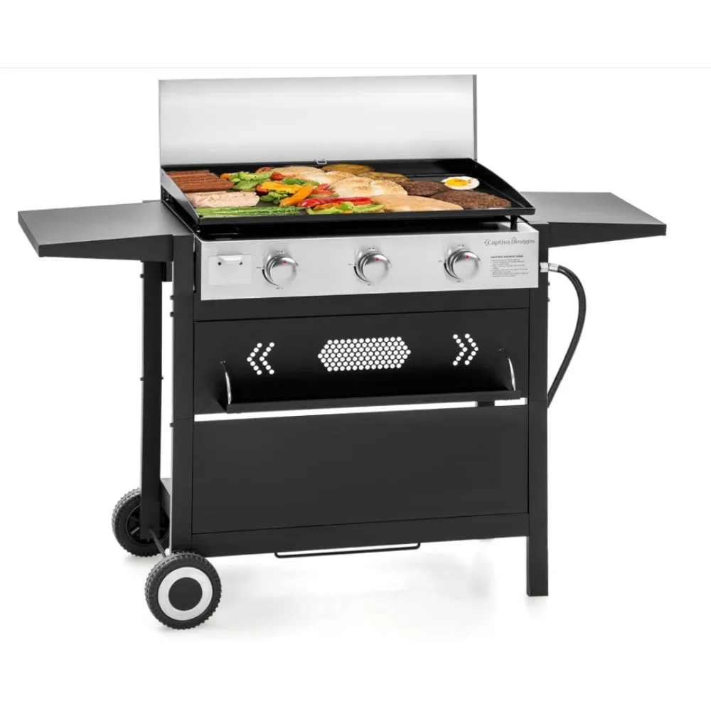 

27inch BBQ Propane Gas Griddle, Freestanding/Tabletop Flat Top Griddle w/Ceramic Coated Cast Iron Pan,3 Burner Lift-Off Griddle