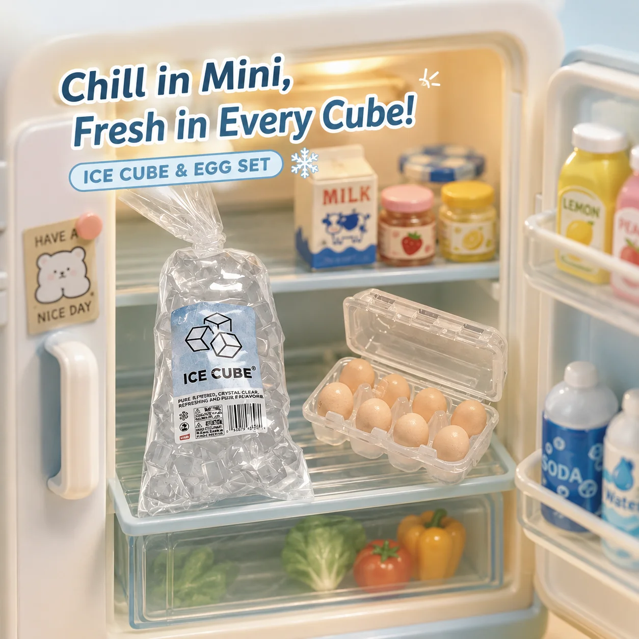 Original Mini Brand Fill The Fridge Luxury Hidd Mini Miniature Toy Ice Cubes Bag Fresh Eggs Carton Mini Kitchen Toy