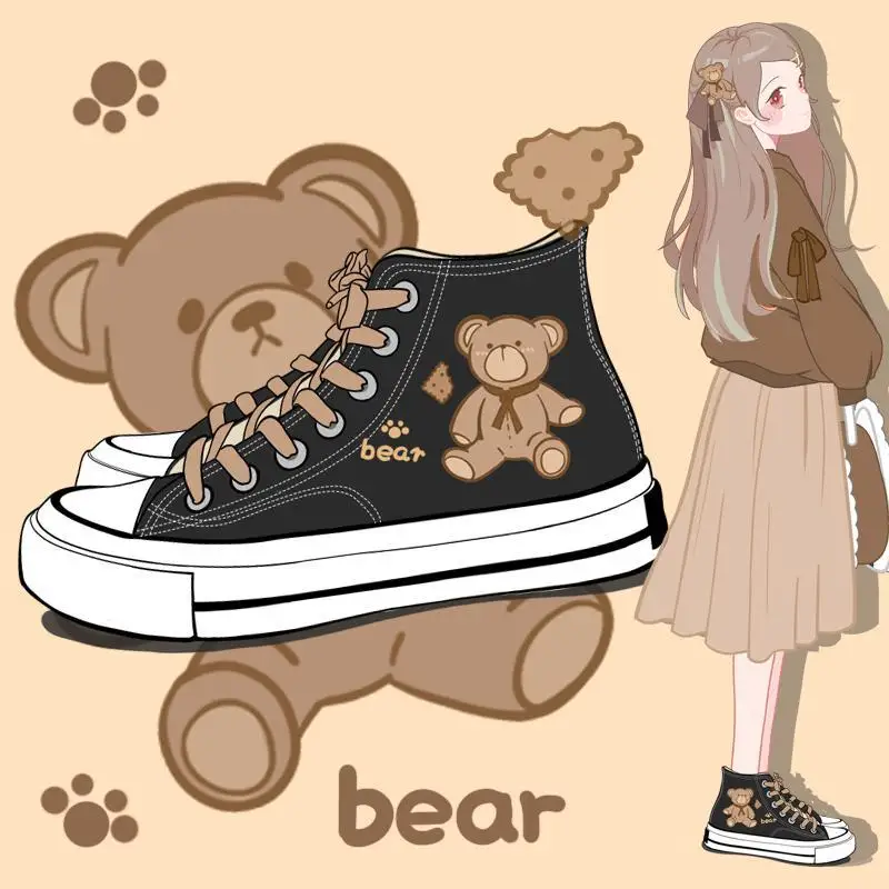 winnie the pooh strawberrybear 2024 new Korean Cute Canvas Shoes Women's High-top Black Velvet Students Casual Flat Shoes