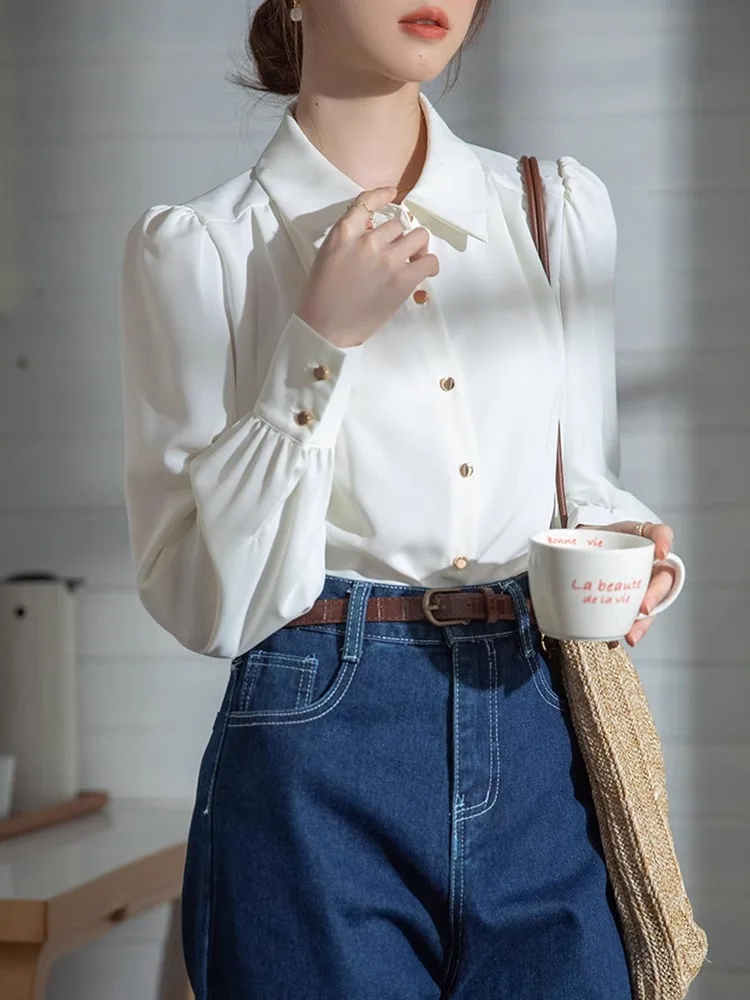 

Белая блузка с рукавами-фонариками в корейском стиле, немнущаяся, для офиса, женская, премиум-качество, модная, весна-лето