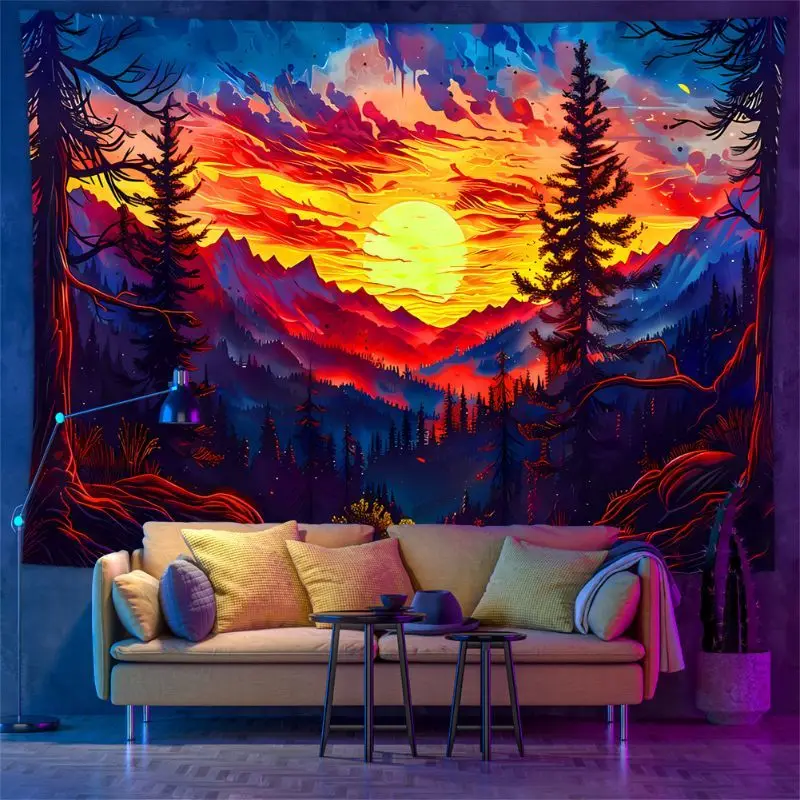 VIKAMA UV Blacklight Neon Natural Forest Tapestry Psychedelic Hippie Glow Wall Hanging Bedroom Dorm Live Stream Background Decor