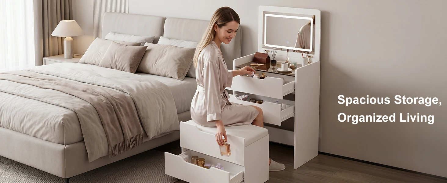 3 in 1 Hidden Vanity Desk with Flip Top LED Mirror, 3 Color Lighting, Compact Vanity with 3 Drawers, Glass Top & Hidden Storage Chair, Modern Small Dressing Table Nightstand for Bedroom, White