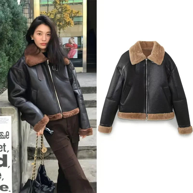 Giacca da donna 2025 Inverno Nuova giacca da motociclista foderata in pile caldo reversibile in ecopelle nera a maniche lunghe Elegante e alla moda