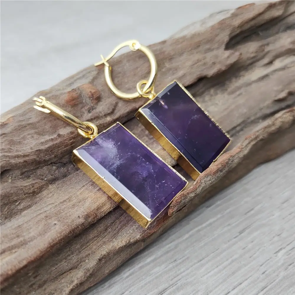 FUWO Wholesale Rectangle Amethysts Hoop Earrings - Elegant Jewelry for Every Occasion - ER432 5 Pairs/Lot