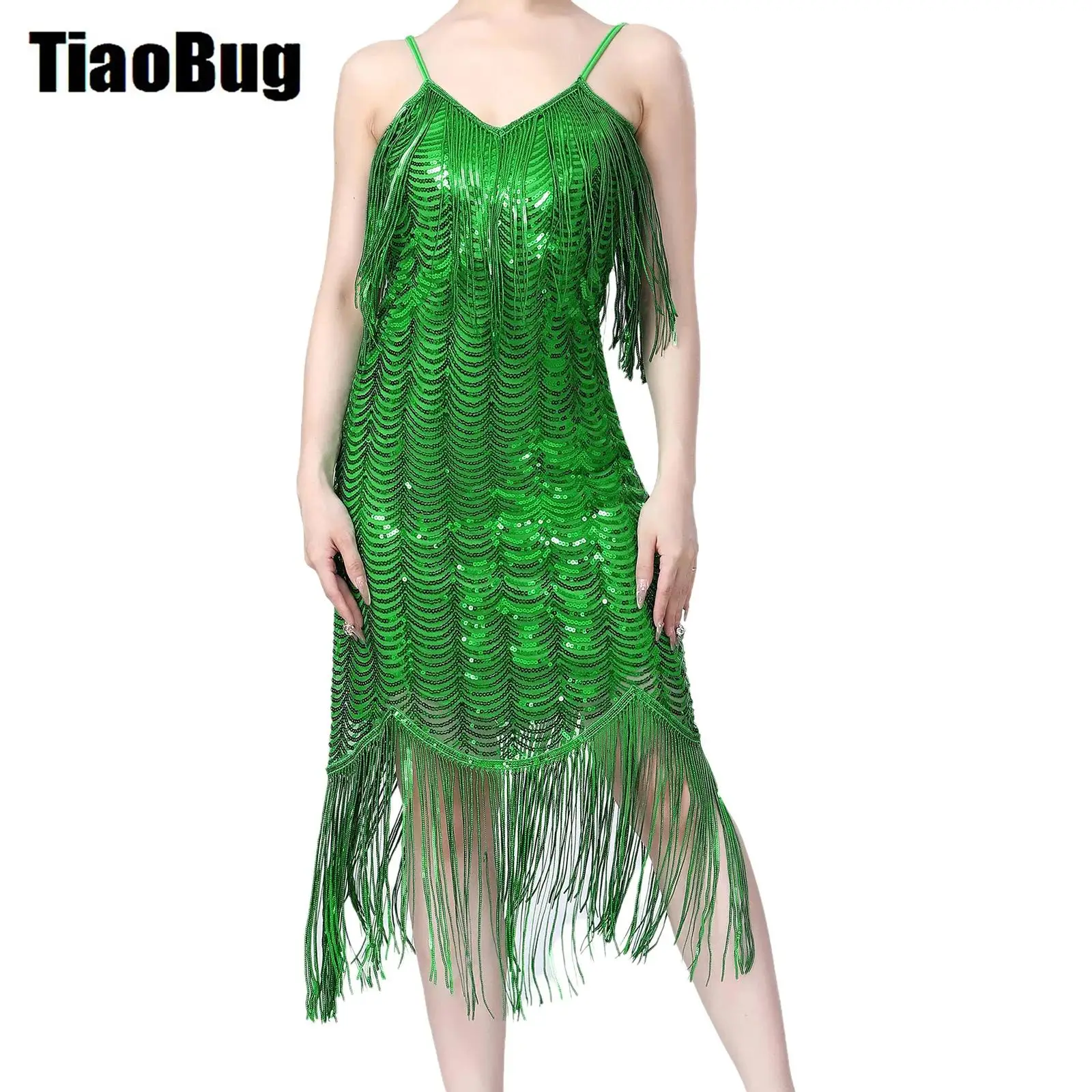 

Women Sequins Latin Dance Dress Performance Costume Adjustable Spaghetti Straps Tiered Tassels Sequin Dress