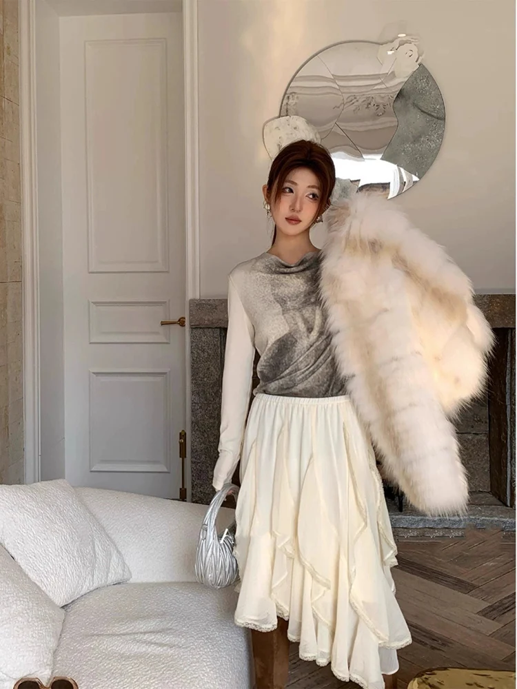 

Женская асимметричная юбка миди с рюшами и кружевом, с высокой талией, в корейском стиле, плиссированная, А-силуэт, короткая, цветная