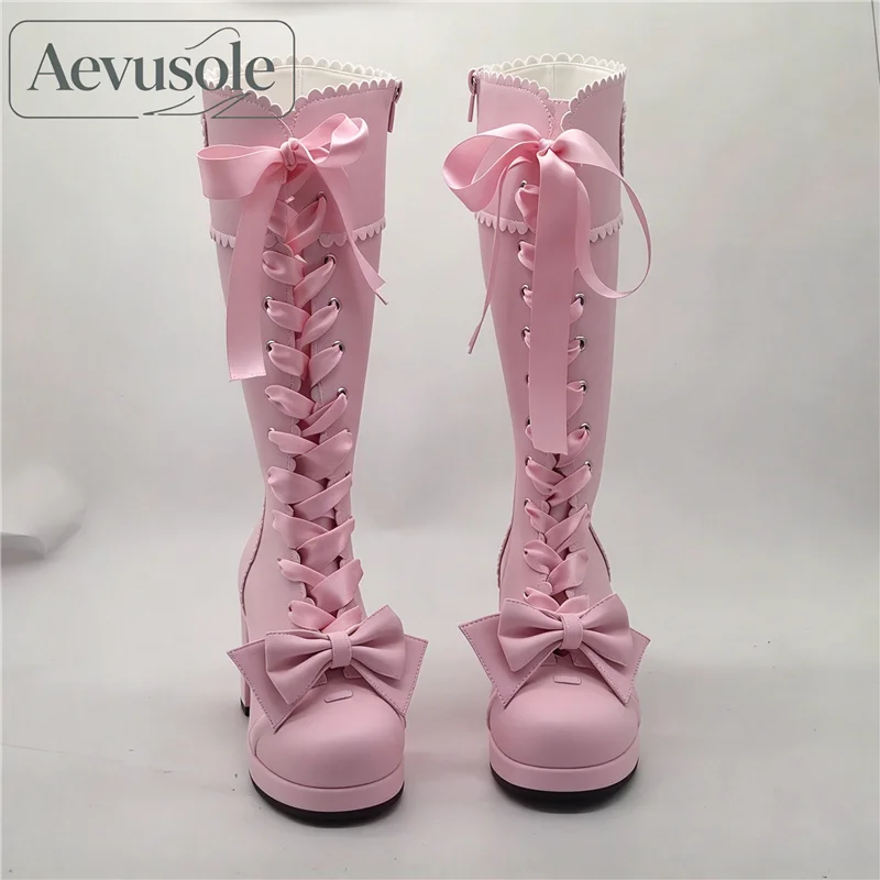 Ladies Kawaii Sweet Princess Knee High Lolita Boots Ribbon Lacing and Bow Heart Ornaments Fashion Cosplay Footwear for Tea Party