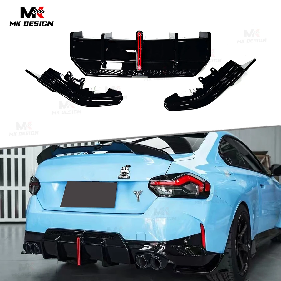 VTEN Style PP Rear Bumper Lip Rear Diffuser W/ LED Light for BMW 2 Series G42 M240i 2022+ ABS Bright Black Side Splitters