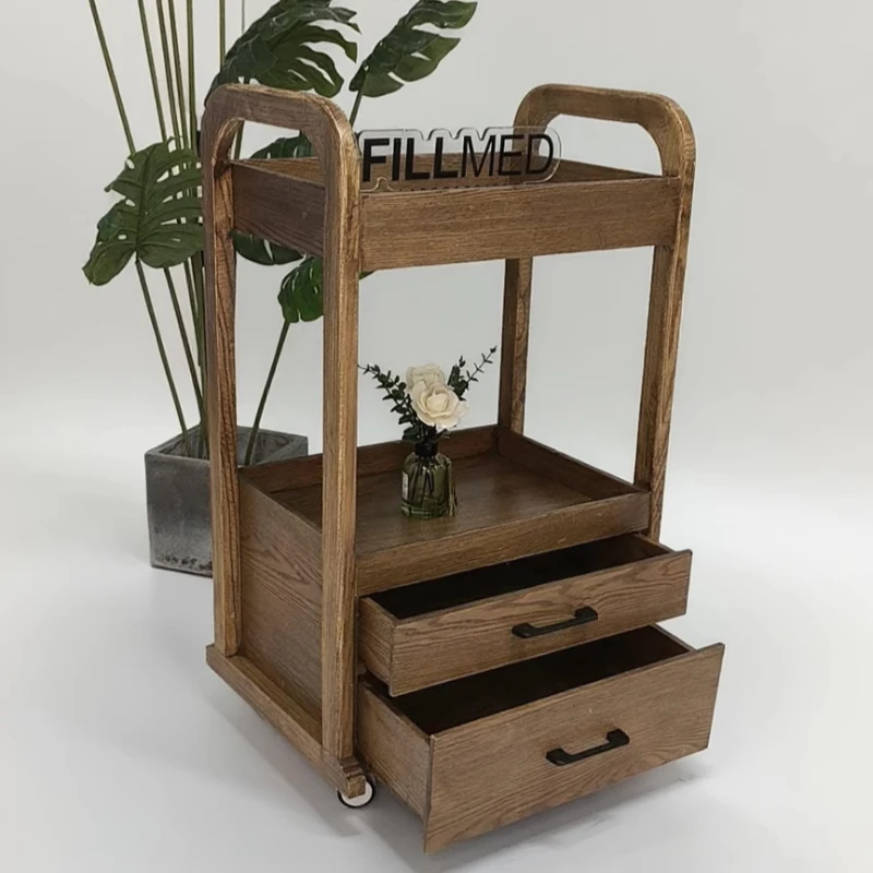 عربة تجميل ممتازة مع أدراج، عربة صالون متنقلة، خزانة تخزين مكياج احترافية لمنظم دوار خشبي للسبا #1