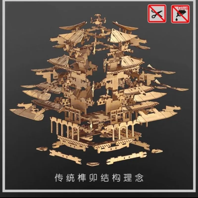 3D Wooden Ancient Building Wanchun Pavilion Puzzle, DIY Hand Assembly Model, Educational Desktop Decoration Toy