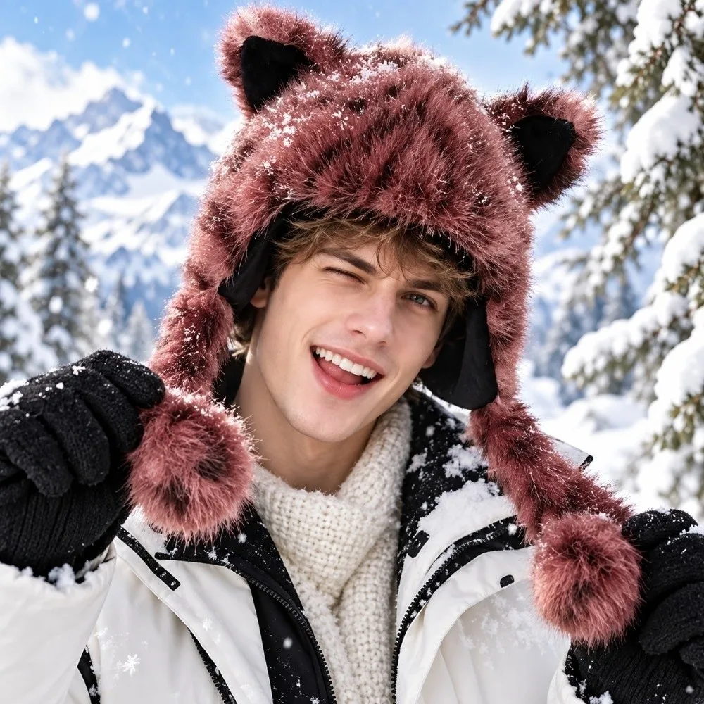 Long Braids Earflap Hat Animal Ears Soft Texture Leopard Print Beanie Leopard Pattern Thick Plush Winter Fluffy Hat Women