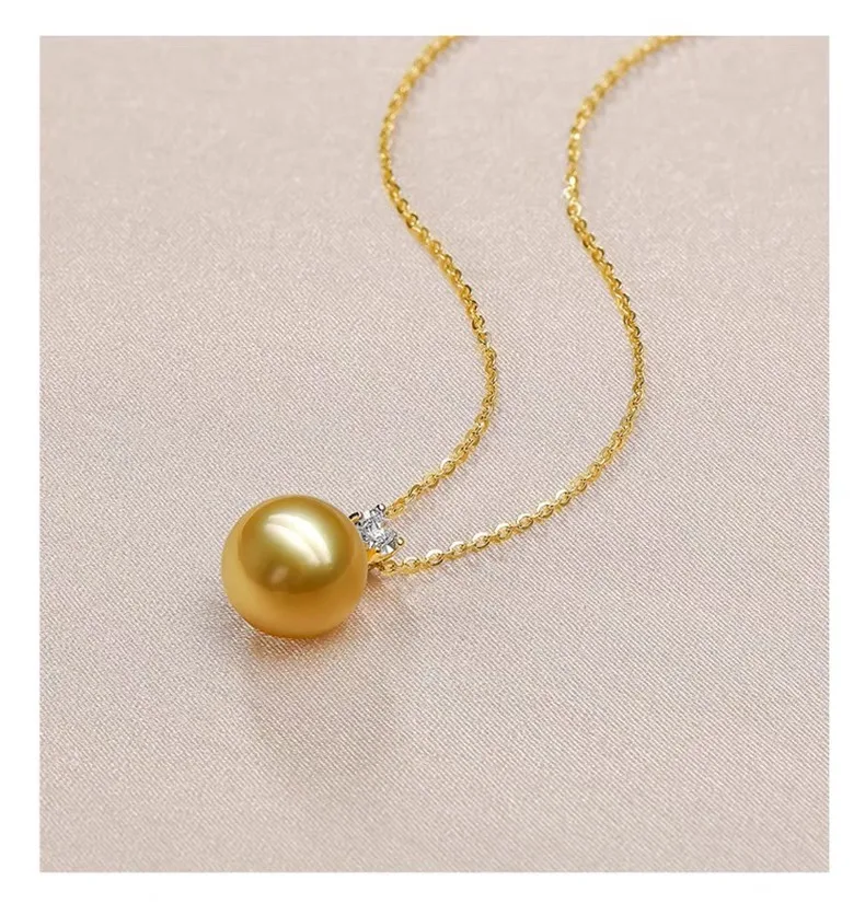 Real 18K Gold Round Pearl Necklace For Women,South Sea Pearl Pendant Chain Mother Girls Birthday Gift