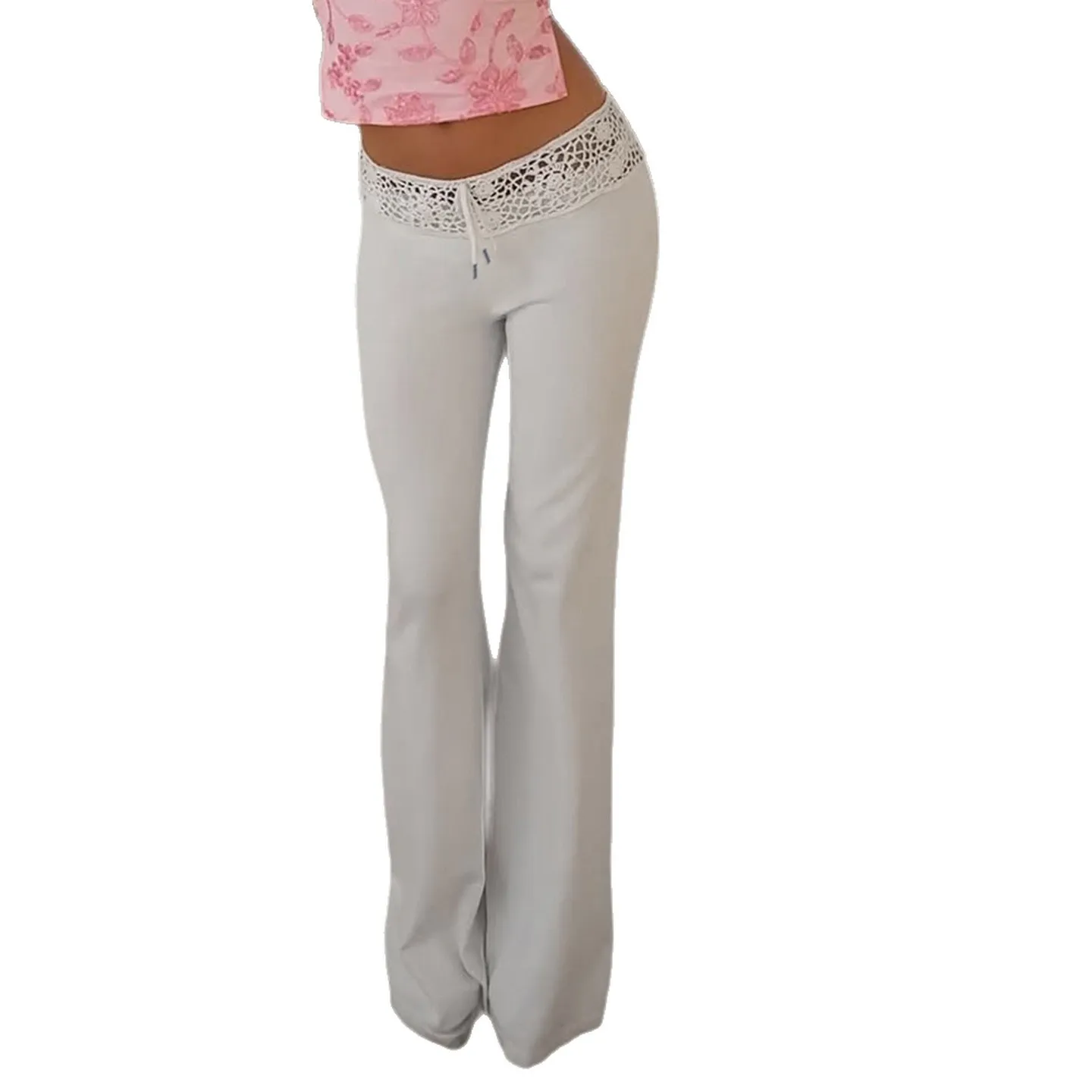 Pantalones informales de punto con campana para mujer, retales de encaje, cordón, cintura elástica, cintura baja, Faion, temporada de otoño, hecho en China