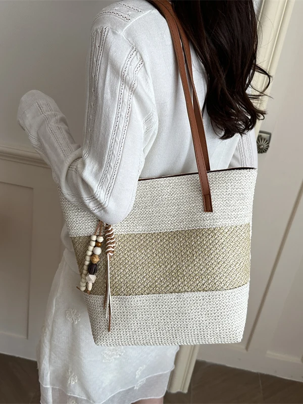 Braided Women's Large Capacity Tote Bag 2026 Summer Fashion Tassel Detail Single Shoulder Basket Style Handbag Soft Leather