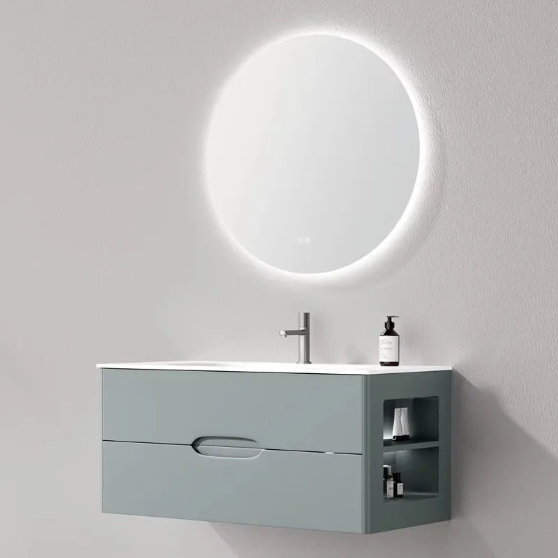 

Smart bathroom furniture Wall-mounted single sink Solid wood waterproof bathroom vanity cabinet with light-emitting mirror