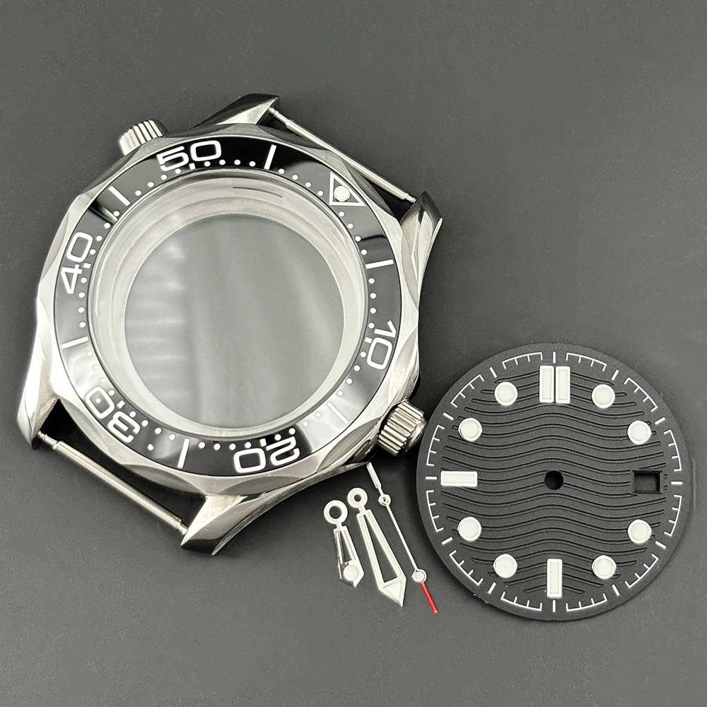 NH35 42mm men's watch case, with ceramic bezel and luminous dial hands, paired with a sapphire glass watch crystal.