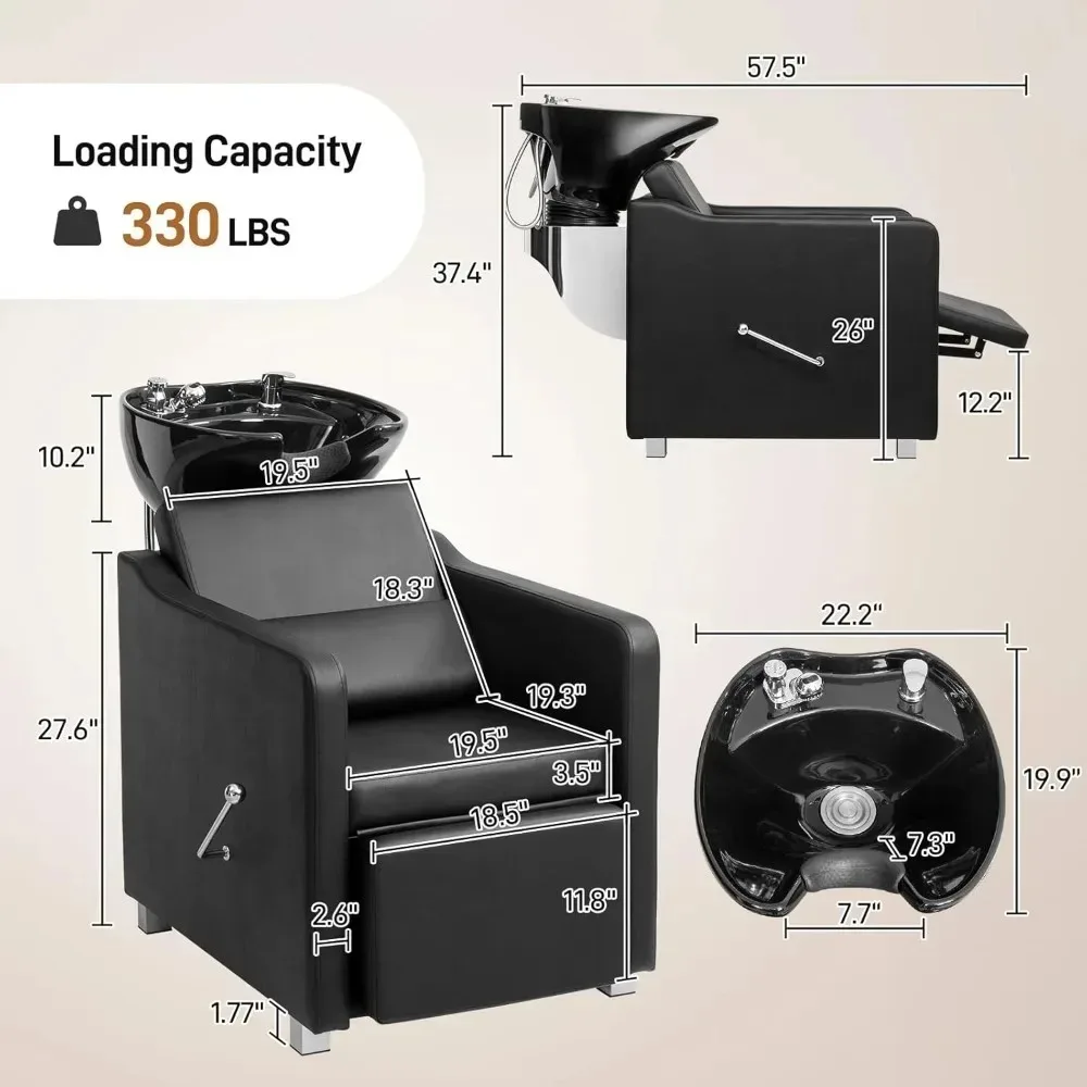 Shampoo Backwash Barber Chair – Ceramic Hair Wash Bowl Sink, Adjustable Leg Baffle & Reclining Feature for Salon​