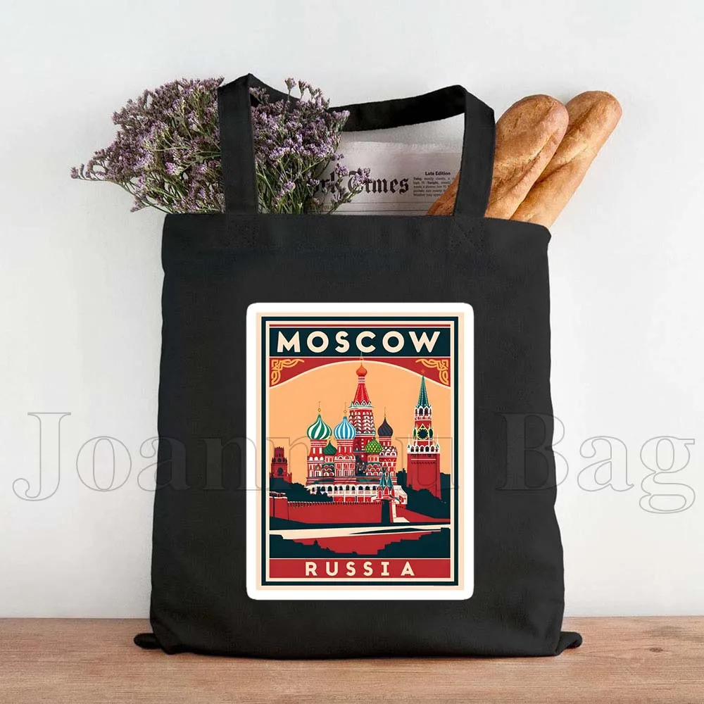 Vintage Travel Art of Moscow Russia Retro Soviet Matryoshka Russian Gifts Canvas Shoulder Totes Bag Handbags Cotton Shopping Bag