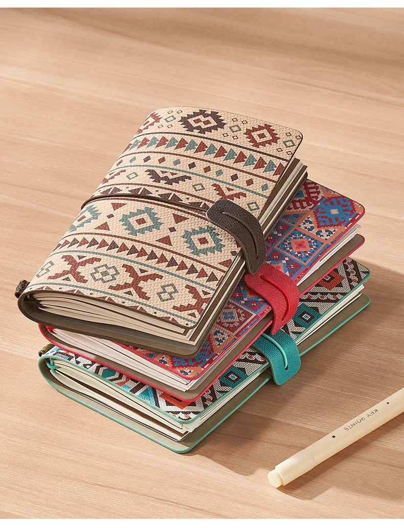A6 Diary with Fabric Texture Retro Ethnic Style Strap Notebook Travel Grid Horizontal Line Grid Pattern Hand Account Book