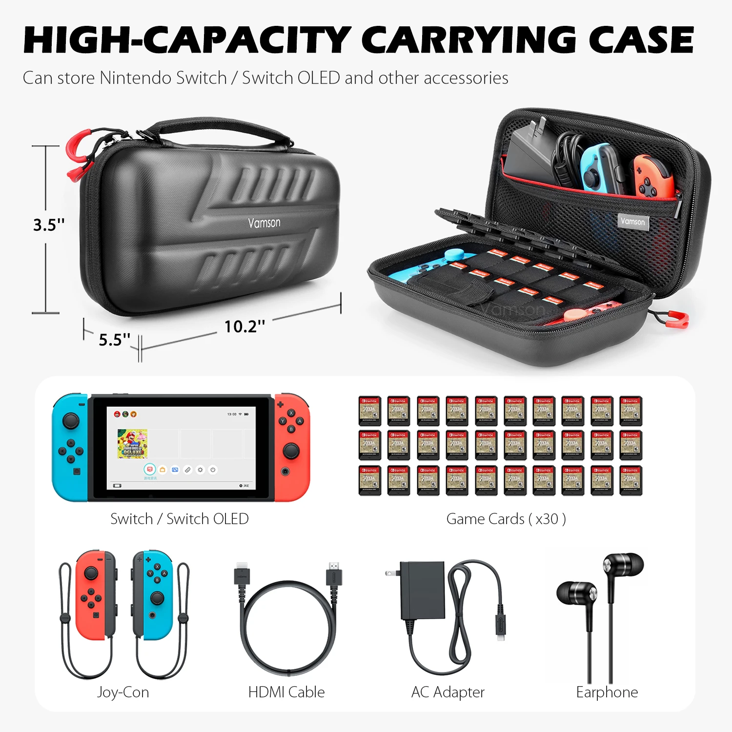 Vamson Waterproof PU Carrying Case for Nintendo Switch Storage Bag for Switch OLED Protective Hard Cover for Switch Portable