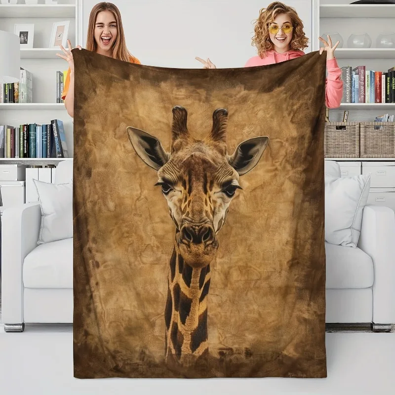 [Bohemian Giraffe Blanket] 1pc Soft Cozy Bohemian Giraffe Print Flannel Blanket | All-Season Throw for Bed Couch