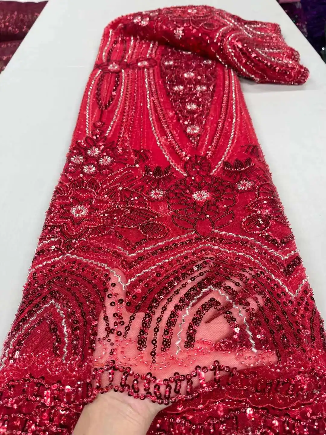 New Design Red Color French Nigerian Shinny Sequins Beaded Lace Fabric 5JRB-31902 French Embroidered Lady Show or Party Dress