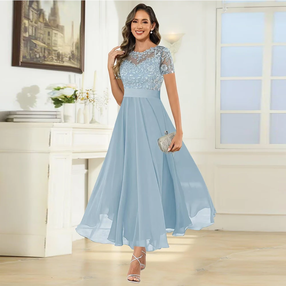 Neck Mother of The Bride Dresses Sleeve Chiffon A Line Formal Evening Gown Lace Up Back Wedding Guest Dress Manmuxi
