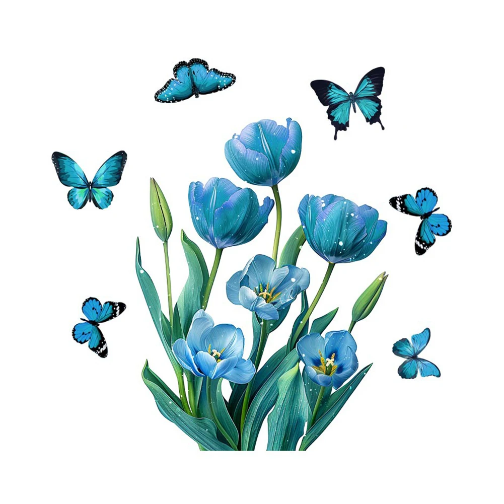 As Shown In The Picture Bar Feature Creative Floral Designs Blue Tulip Butterfly Flower Sticker Completely Flat Ful Patterns