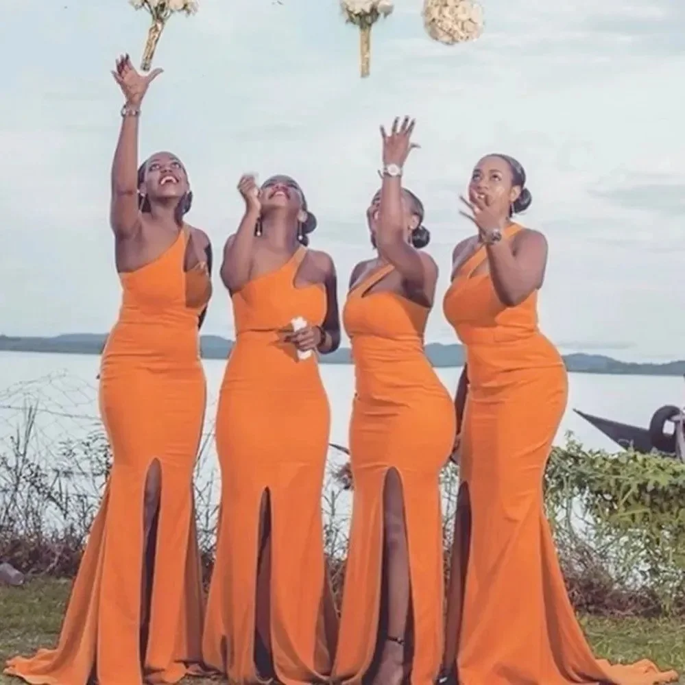 

Orange Long Mermaid Bridesmaid Dresses One Shoulder With Split African Women Wedding Guest Party Dress Vestidos