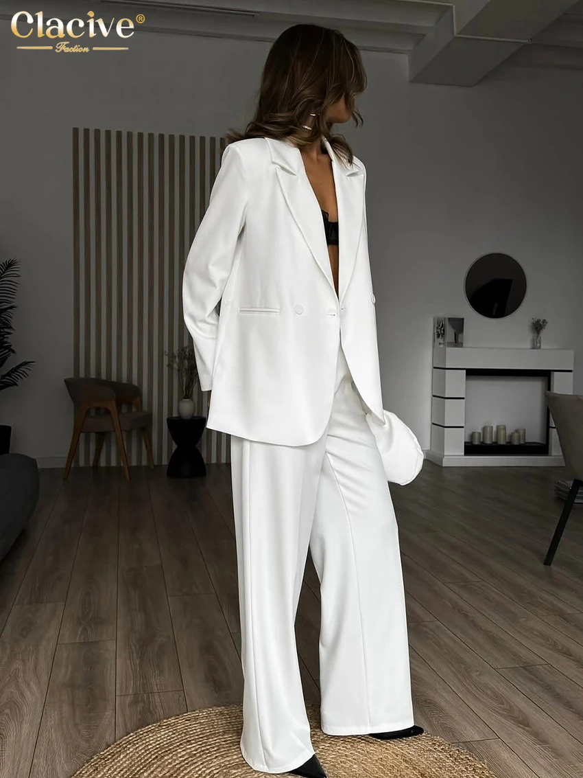 Clacive Fashion Loose White 2 Pieces Set For Woman Elegant Long Sleeve Blazer With High Waist Wide Pants Set Female Streetwear
