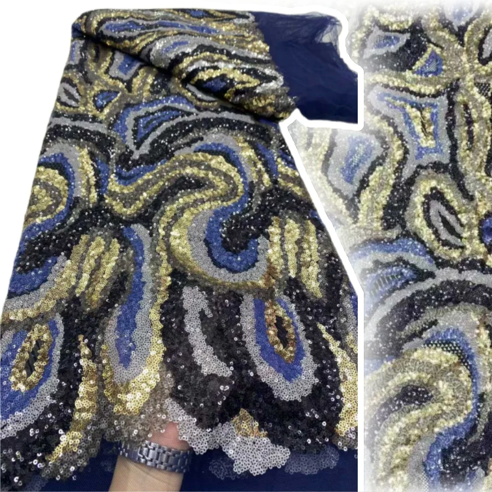 

Синий 2025 новейший африканский нигерийский высокое качество с тюлем, кружевные тканевые платья, блестки, гипюровая вышивка, 5 ярдов, SZ1409
