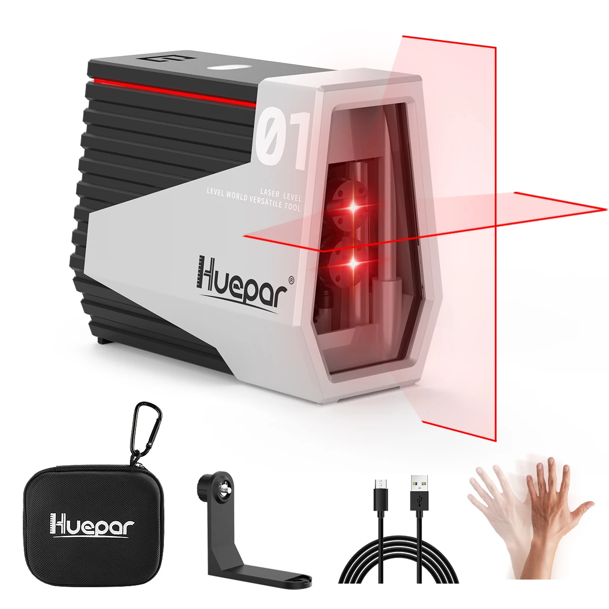 Huepar 2 Lines Motion Sensor Laser Level Self-Leveling Vertical Horizontal Cross Lines Rechargeable Battery Laser Alignment Tool