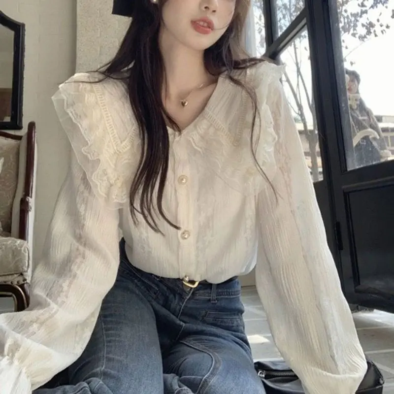 

French Style Lace Gentle Blouse Spring Autumn Sweet Doll Collar Women's Clothing Solid Color Fashion Spliced Long Sleeve Shirt