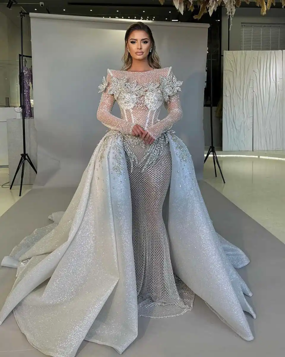 Sexy Mermaid Wedding Dresses See Through Crystal Flowers Bride Gowns with Detachable Train Shiny Custom Made Robes De Mariée