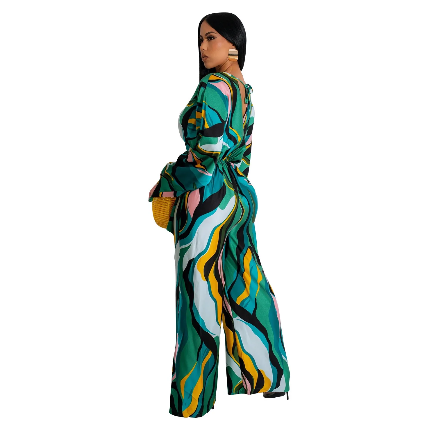 Fashion Women\'s Loose Jumpsuits Long Sleeve V-Neck Tie High Waist Wide Leg Pants Casual Party Club Style Elegant Resort Jumpsuit