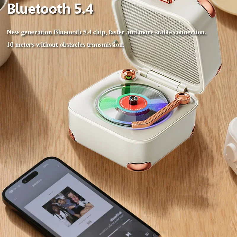 

Mini Classic Vintage Bluetooth Speaker Retro Hifi Music Box Vinyl Record Player Design Soundbar Colorful Ambient Light with Mic