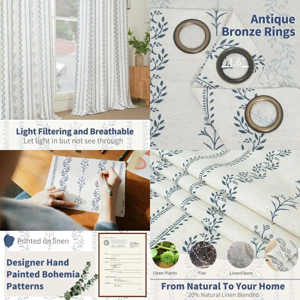 Vintage Marineblaue Blumenvorhänge 96 für böhmisches Wohnzimmer, Lichtfilterung, 52 breite x 2 Paneele