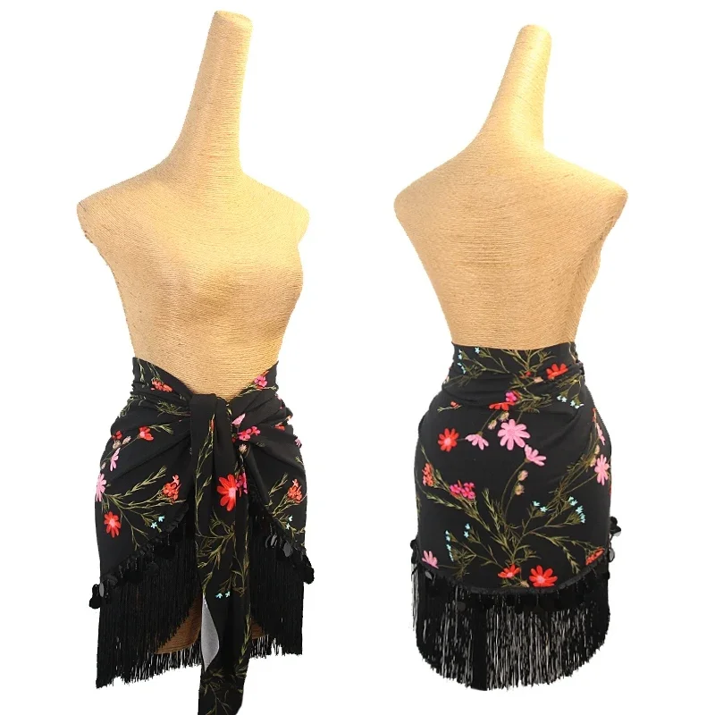 

Flower Print Latin Dance Skirt Tassel Hip Scarf Women Rumba Cha Cha Samba Dancing Clothes Adult Latin practice Clothes DNV20769
