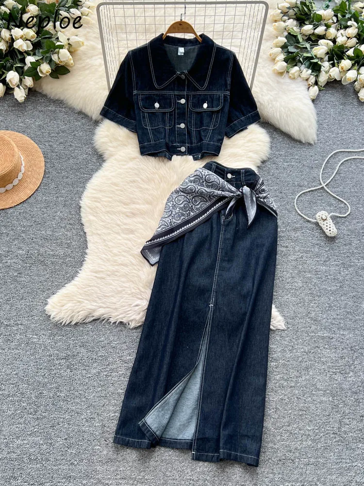 

Neploe Moda Turn-down Collar Short Denim Set Coat Casual High Waist Vent Slim Falda Vintage American Spice Girls Wash Suit Skirt